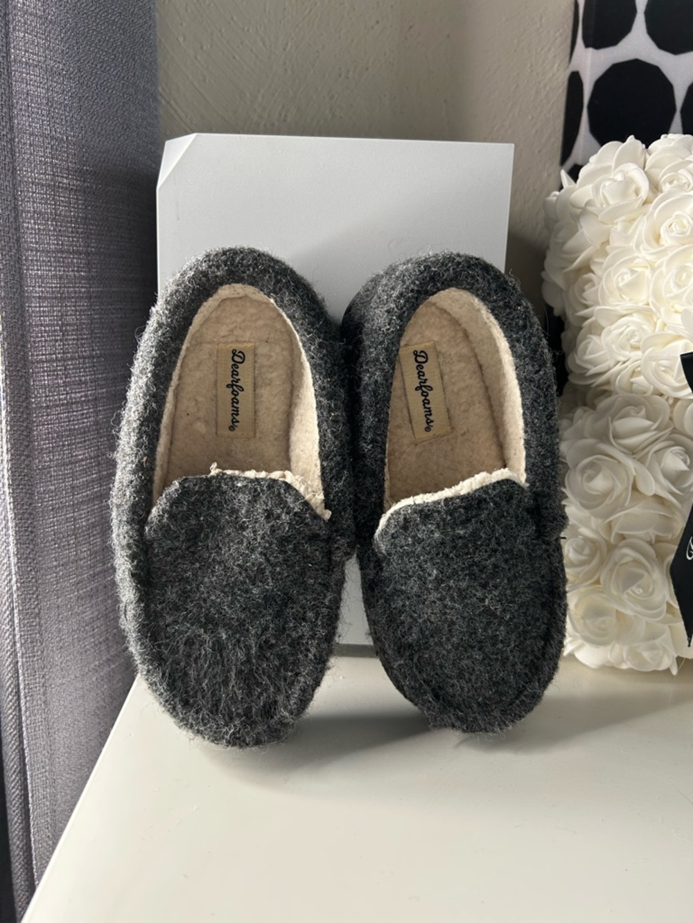 dearfoams Charcoal Felt Slip-On Slippers with Sherpa Trim